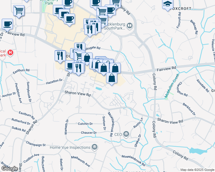 map of restaurants, bars, coffee shops, grocery stores, and more near 4835 Cameron Valley Parkway in Charlotte