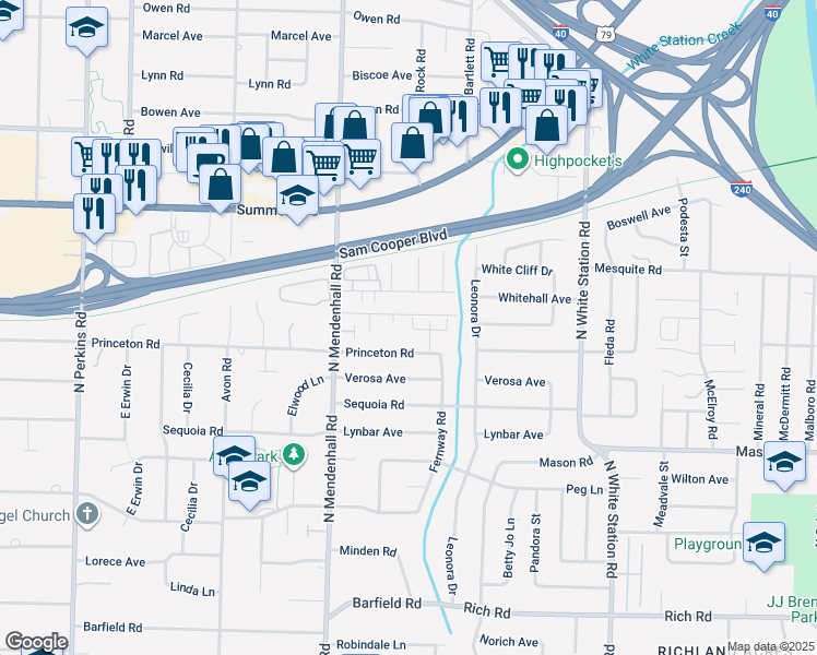 map of restaurants, bars, coffee shops, grocery stores, and more near 5005 Wilburn Avenue in Memphis