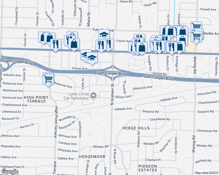 map of restaurants, bars, coffee shops, grocery stores, and more near 480 North Graham Street in Memphis