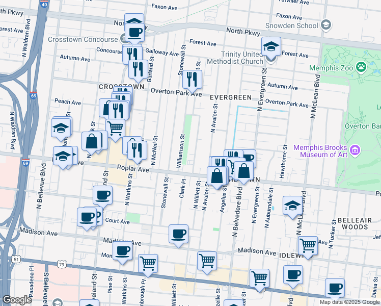map of restaurants, bars, coffee shops, grocery stores, and more near 233 North Willett Street in Memphis