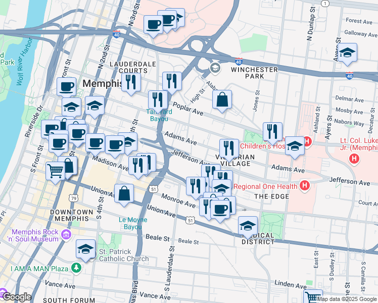 map of restaurants, bars, coffee shops, grocery stores, and more near 560 Jefferson Avenue in Memphis