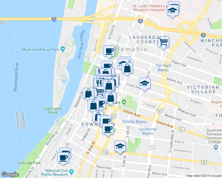 map of restaurants, bars, coffee shops, grocery stores, and more near 83 Madison Avenue in Memphis