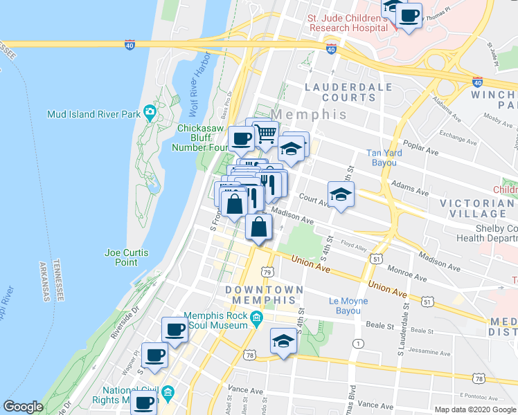 map of restaurants, bars, coffee shops, grocery stores, and more near 83 Madison Avenue in Memphis