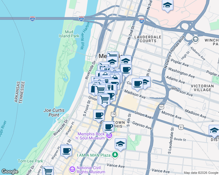 map of restaurants, bars, coffee shops, grocery stores, and more near 83 Madison Avenue in Memphis