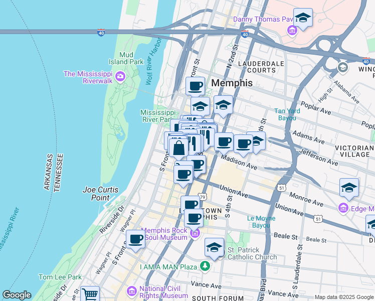 map of restaurants, bars, coffee shops, grocery stores, and more near 12 South Main Street in Memphis