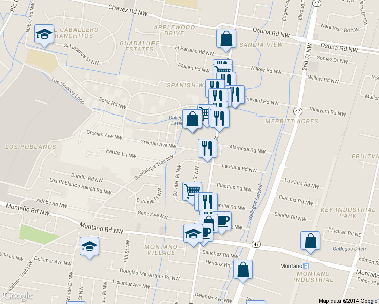 map of restaurants, bars, coffee shops, grocery stores, and more near 6110 Guadalupe Trail NW in Albuquerque