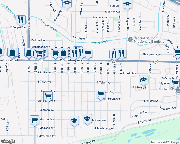 map of restaurants, bars, coffee shops, grocery stores, and more near 130 South 16th Street in West Memphis