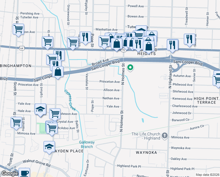 map of restaurants, bars, coffee shops, grocery stores, and more near 3232 Allison Avenue in Memphis