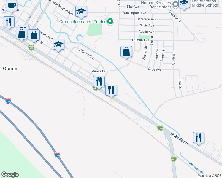 map of restaurants, bars, coffee shops, grocery stores, and more near 1039 East High Street in Grants