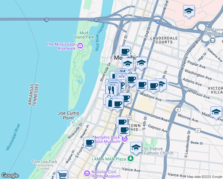 map of restaurants, bars, coffee shops, grocery stores, and more near 67 Madison Avenue in Memphis