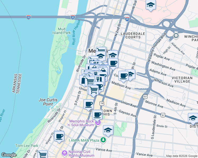 map of restaurants, bars, coffee shops, grocery stores, and more near 83 Madison Avenue in Memphis