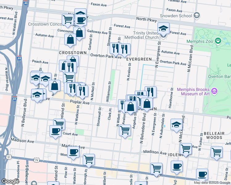 map of restaurants, bars, coffee shops, grocery stores, and more near 233 North Willett Street in Memphis