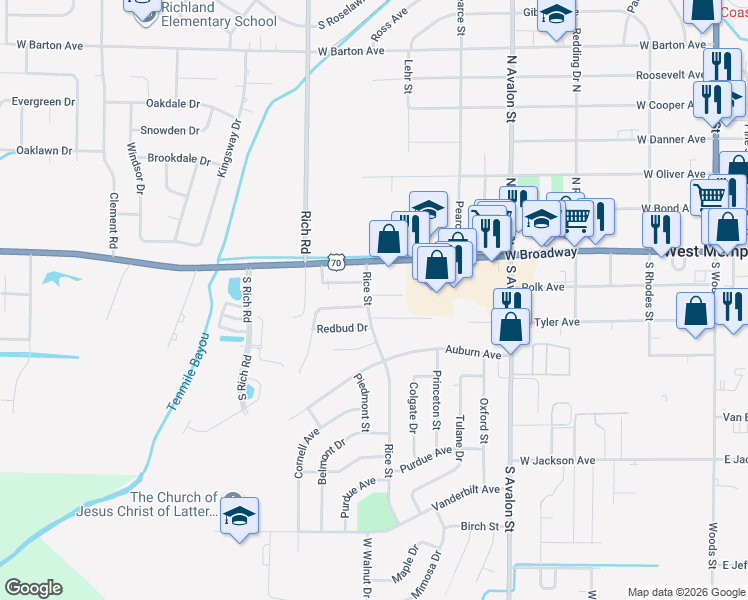 map of restaurants, bars, coffee shops, grocery stores, and more near 618 Westgate Cove in West Memphis