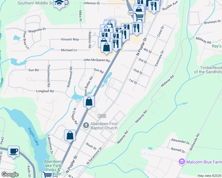 map of restaurants, bars, coffee shops, grocery stores, and more near 211 Bonnie Brook Road in Aberdeen