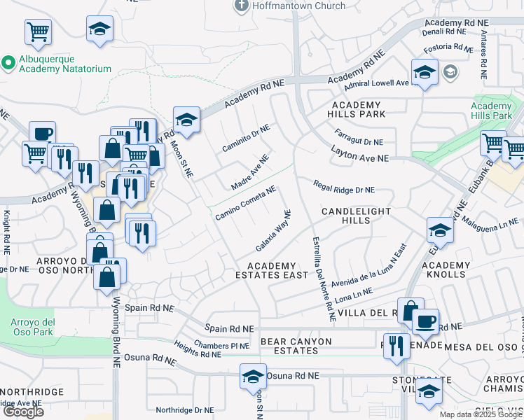 map of restaurants, bars, coffee shops, grocery stores, and more near 5611 Planeta Court Northeast in Albuquerque
