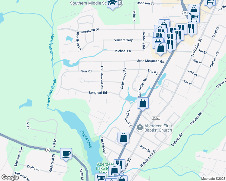 map of restaurants, bars, coffee shops, grocery stores, and more near 526 Longleaf Road in Aberdeen