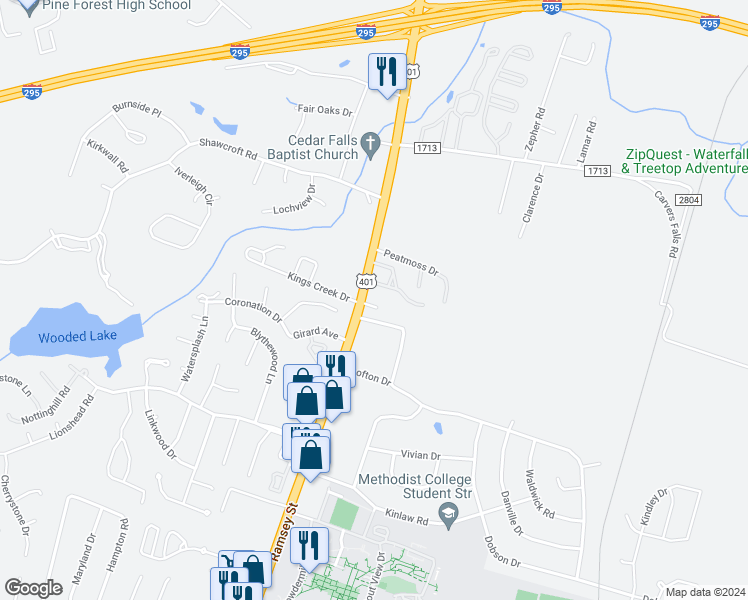 map of restaurants, bars, coffee shops, grocery stores, and more near 6000 Ramsey Street in Fayetteville