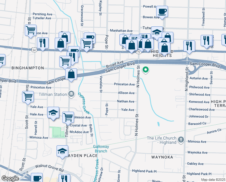 map of restaurants, bars, coffee shops, grocery stores, and more near 3184 Allison Avenue in Memphis