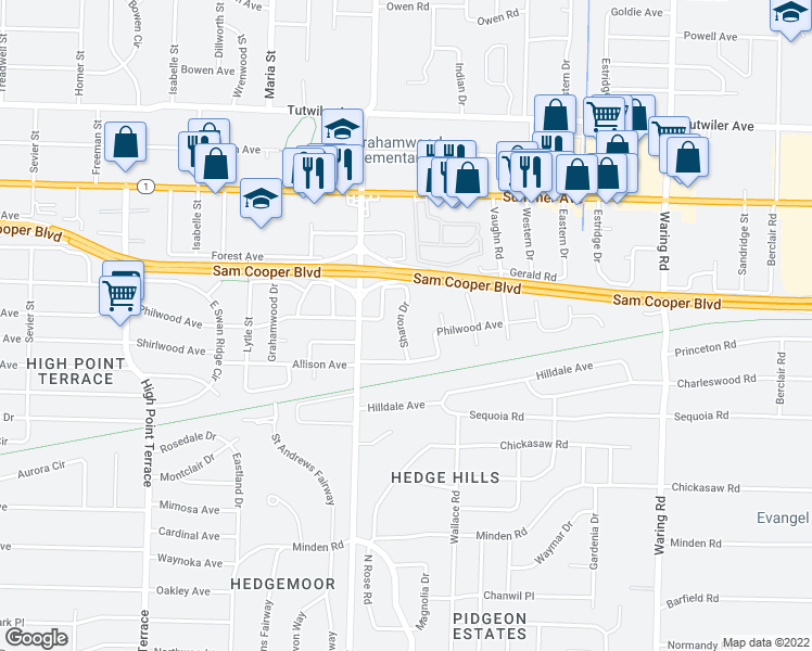 map of restaurants, bars, coffee shops, grocery stores, and more near 482 Sharon Drive in Memphis