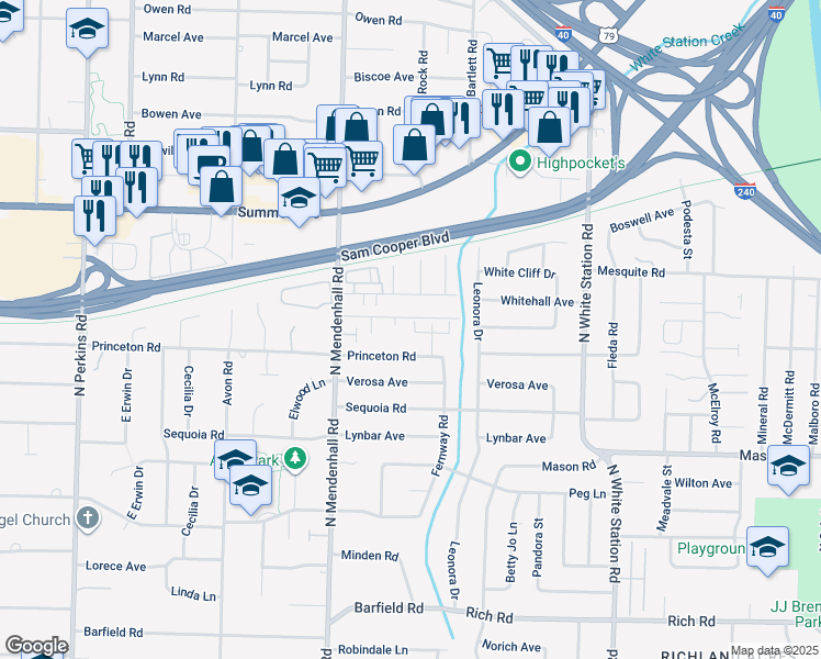 map of restaurants, bars, coffee shops, grocery stores, and more near 5005 Wilburn Avenue in Memphis