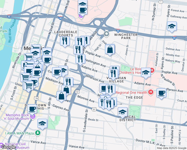 map of restaurants, bars, coffee shops, grocery stores, and more near 560 Jefferson Avenue in Memphis