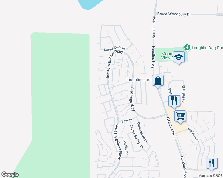 map of restaurants, bars, coffee shops, grocery stores, and more near 2273 Chandler Ranch Place in Laughlin