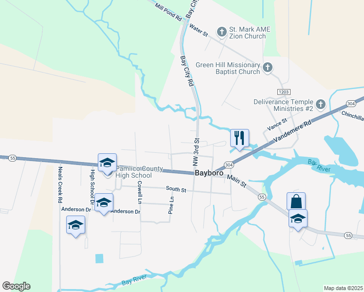 map of restaurants, bars, coffee shops, grocery stores, and more near 309 Dees Avenue in Bayboro