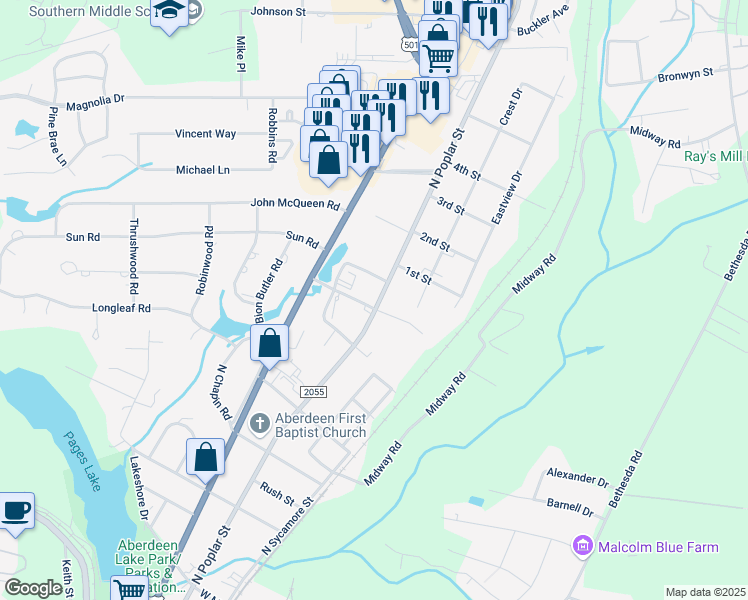 map of restaurants, bars, coffee shops, grocery stores, and more near 1101 North Poplar Street in Aberdeen