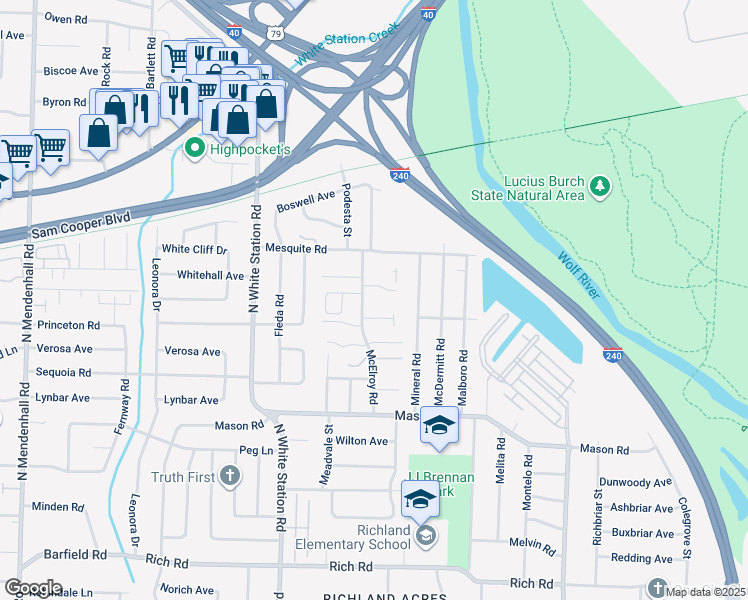 map of restaurants, bars, coffee shops, grocery stores, and more near 510 McElroy Road in Memphis