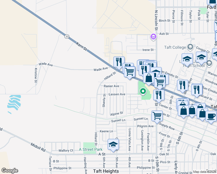 map of restaurants, bars, coffee shops, grocery stores, and more near 509 McKinley Street in Taft
