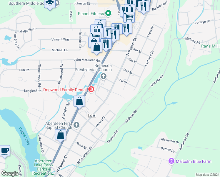 map of restaurants, bars, coffee shops, grocery stores, and more near 1101 North Poplar Street in Aberdeen