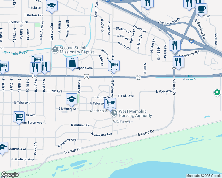 map of restaurants, bars, coffee shops, grocery stores, and more near 2818 Oak Cove in West Memphis