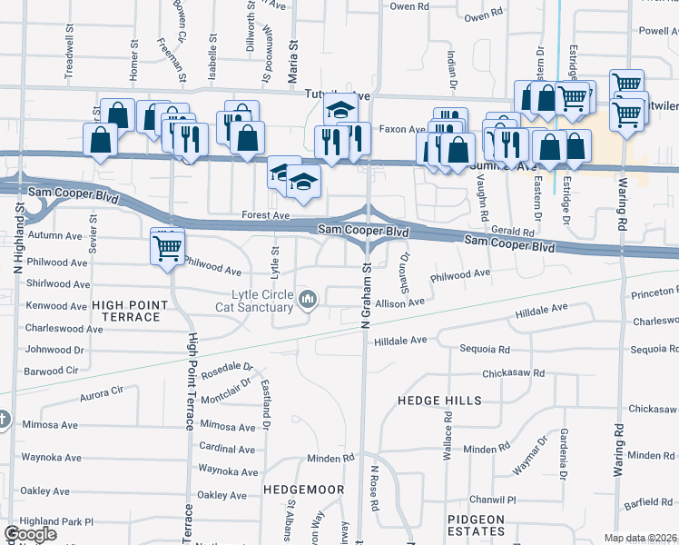 map of restaurants, bars, coffee shops, grocery stores, and more near 3943 Philwood Avenue in Memphis