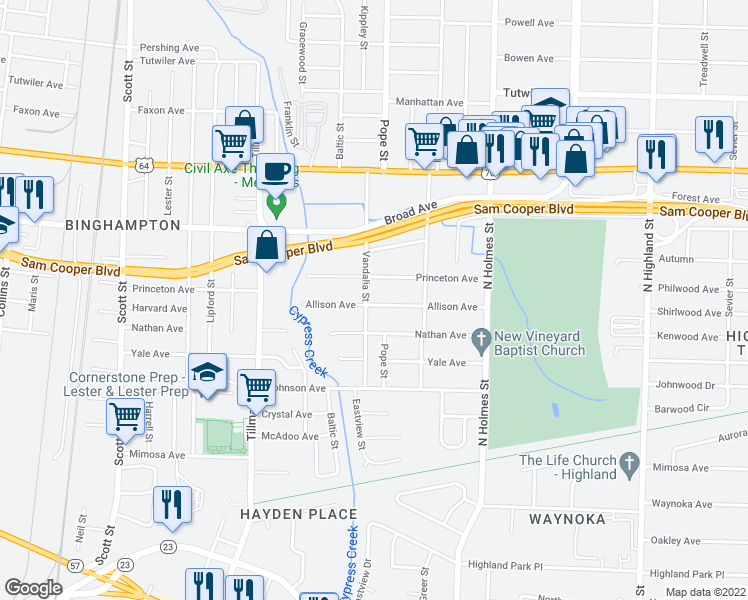 map of restaurants, bars, coffee shops, grocery stores, and more near 3142 Allison Avenue in Memphis