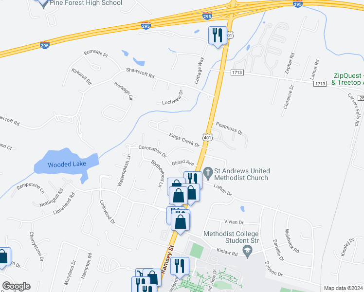 map of restaurants, bars, coffee shops, grocery stores, and more near 124 Homeplace Court in Fayetteville