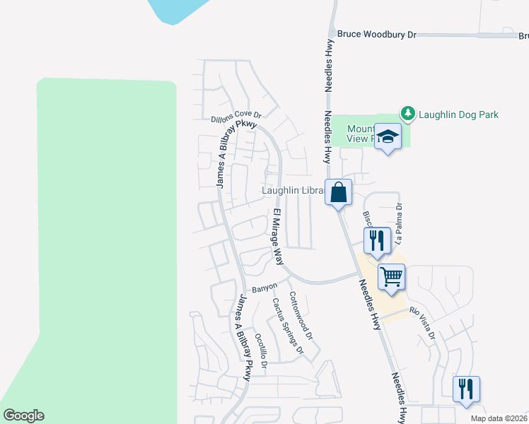 map of restaurants, bars, coffee shops, grocery stores, and more near 2194 Camel Mesa Drive in Laughlin