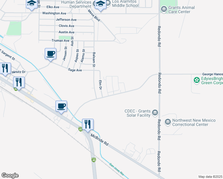 map of restaurants, bars, coffee shops, grocery stores, and more near 317 Ponderosa Lane in Grants