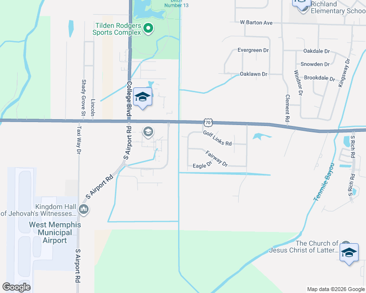 map of restaurants, bars, coffee shops, grocery stores, and more near 203 Tournament Road in West Memphis
