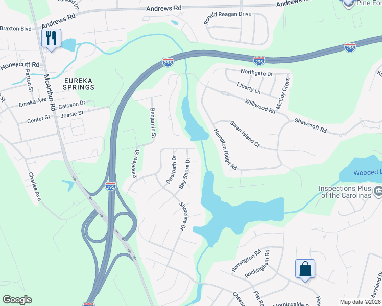 map of restaurants, bars, coffee shops, grocery stores, and more near 550 Bay Shore Drive in Fayetteville