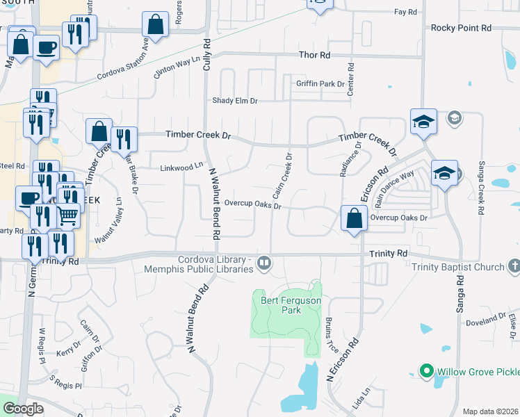 map of restaurants, bars, coffee shops, grocery stores, and more near 8459 Overcup Oaks Drive in Memphis