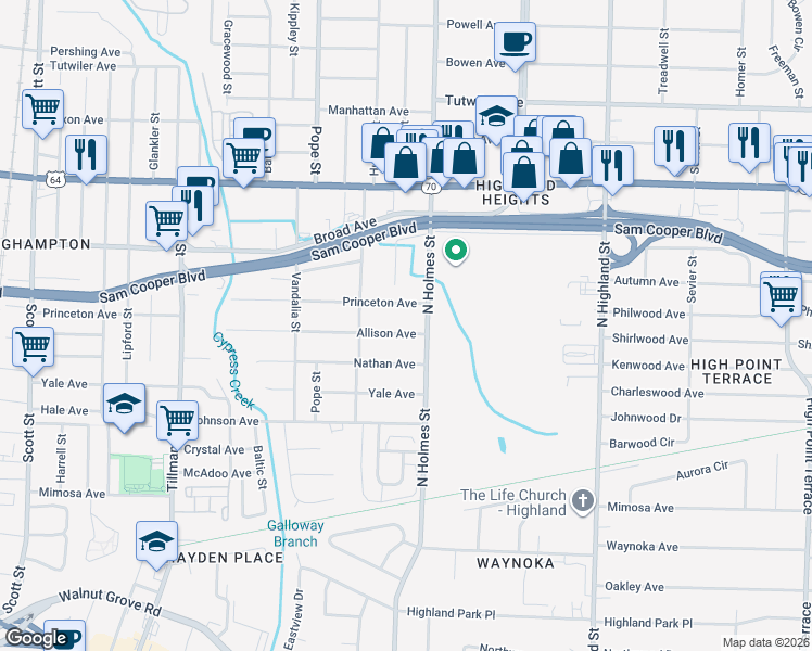 map of restaurants, bars, coffee shops, grocery stores, and more near 469 North Holmes Street in Memphis