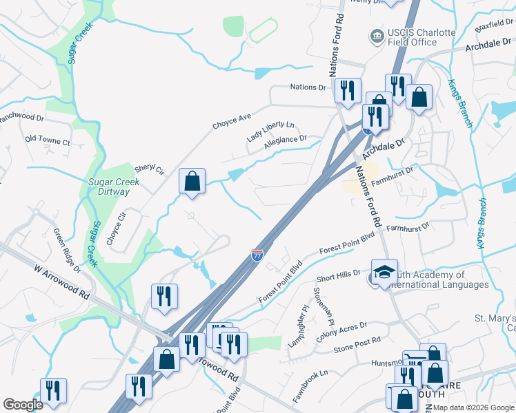 map of restaurants, bars, coffee shops, grocery stores, and more near 507 Granby Circle in Charlotte