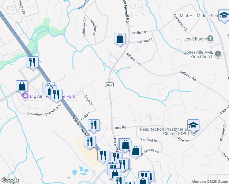 map of restaurants, bars, coffee shops, grocery stores, and more near 2408 Sam Newell Road in Matthews