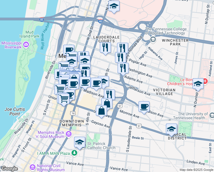 map of restaurants, bars, coffee shops, grocery stores, and more near 324 Court Avenue in Memphis