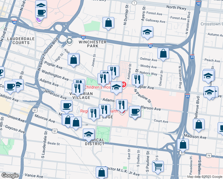map of restaurants, bars, coffee shops, grocery stores, and more near 107 North Dunlap Street in Memphis