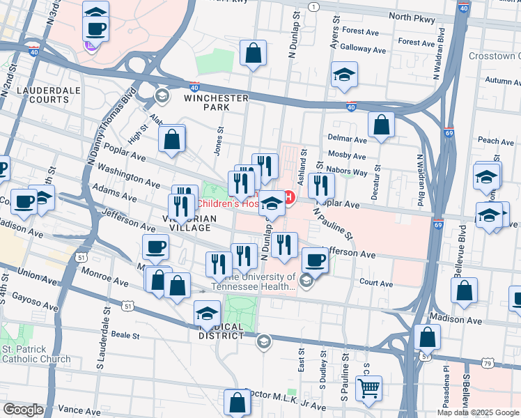 map of restaurants, bars, coffee shops, grocery stores, and more near 810 Washington Avenue in Memphis