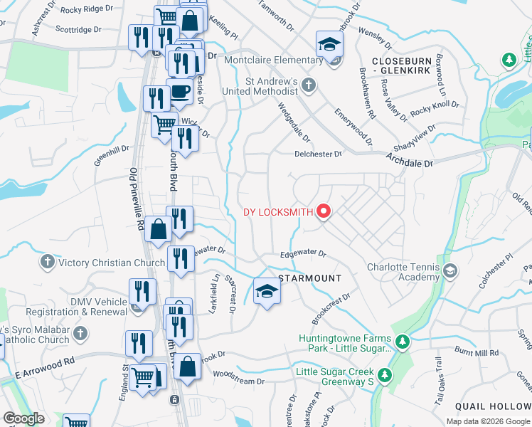map of restaurants, bars, coffee shops, grocery stores, and more near 6400 Montpelier Road in Charlotte
