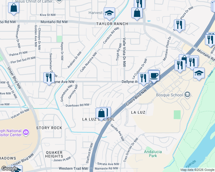 map of restaurants, bars, coffee shops, grocery stores, and more near 5168 Vista De Luz Drive Northwest in Albuquerque
