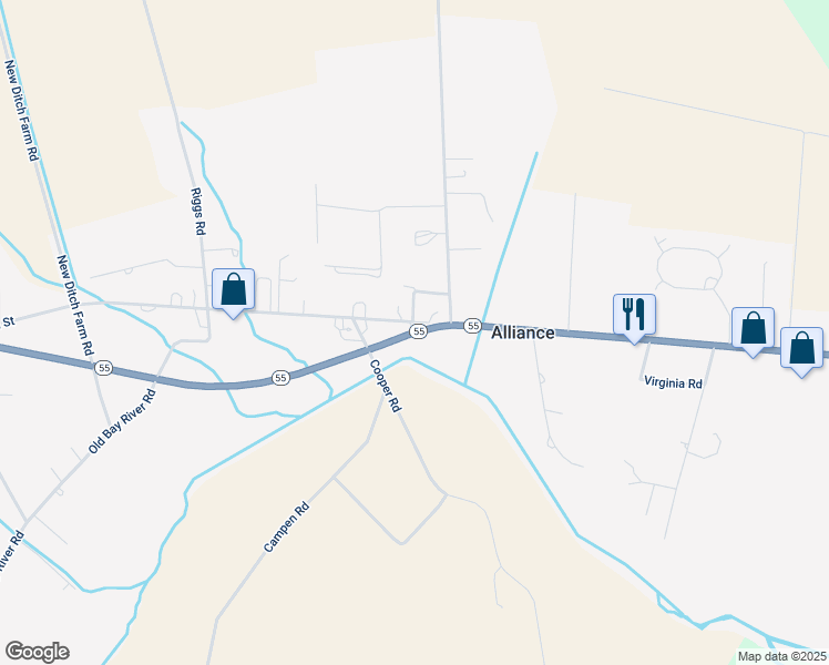map of restaurants, bars, coffee shops, grocery stores, and more near North Carolina 55 in Alliance