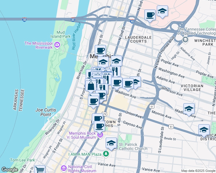 map of restaurants, bars, coffee shops, grocery stores, and more near 152 Madison Avenue in Memphis